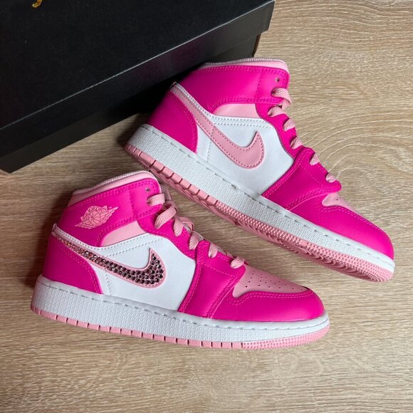 Jordan 1 Mid Fierce Pink Custom Sneakers with Crystals - Picture 4 of 10